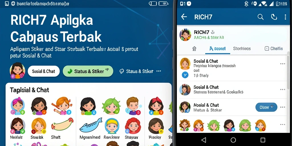 Antarmuka aplikasi RICH7 menampilkan berbagai stiker menarik untuk sosial media.